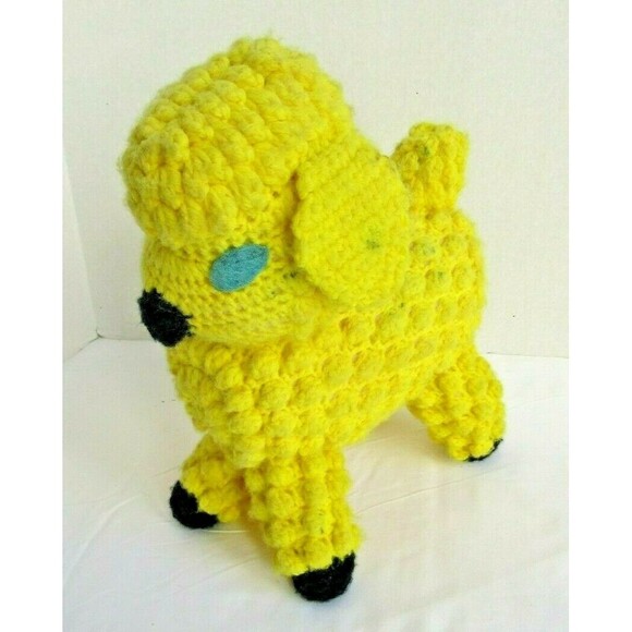 Baby Lamb Vintage Handmade Crochet Yellow Sheep Stuffed Animal Plush Toy - Picture 3 of 7